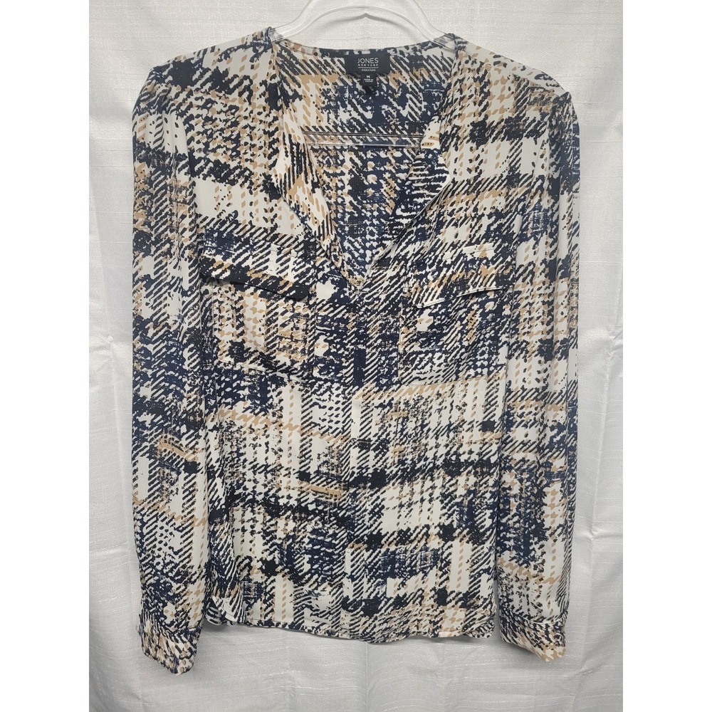 Womens Lightweight Button Up Classic Blouse Navy/Tan Blurred Plaid Size M